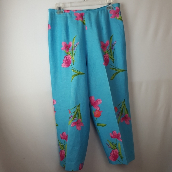 Talbots Linen tropical print pants Blue Floral - Picture 1 of 15